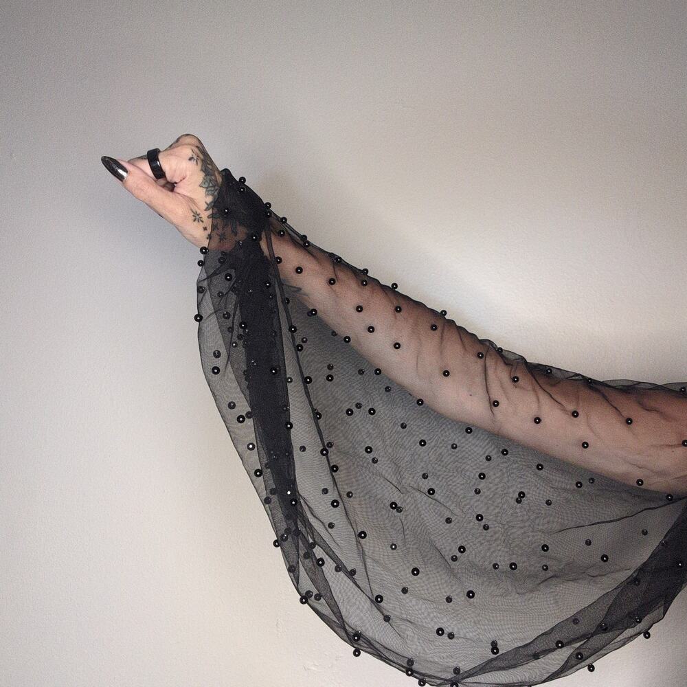 Sheer Black Beaded Mesh Long Sleeve Top